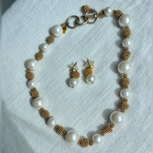 Vintage Anne Klein Faux Pearl and Gold Tone Ball Necklace and Earrings set
